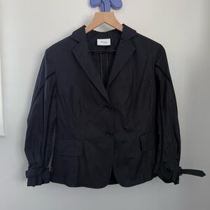 Akris Punto US 8 Navy 2 Button Up Blazer Collar 3/4 Sleeve Belt Tie Sleeve lace